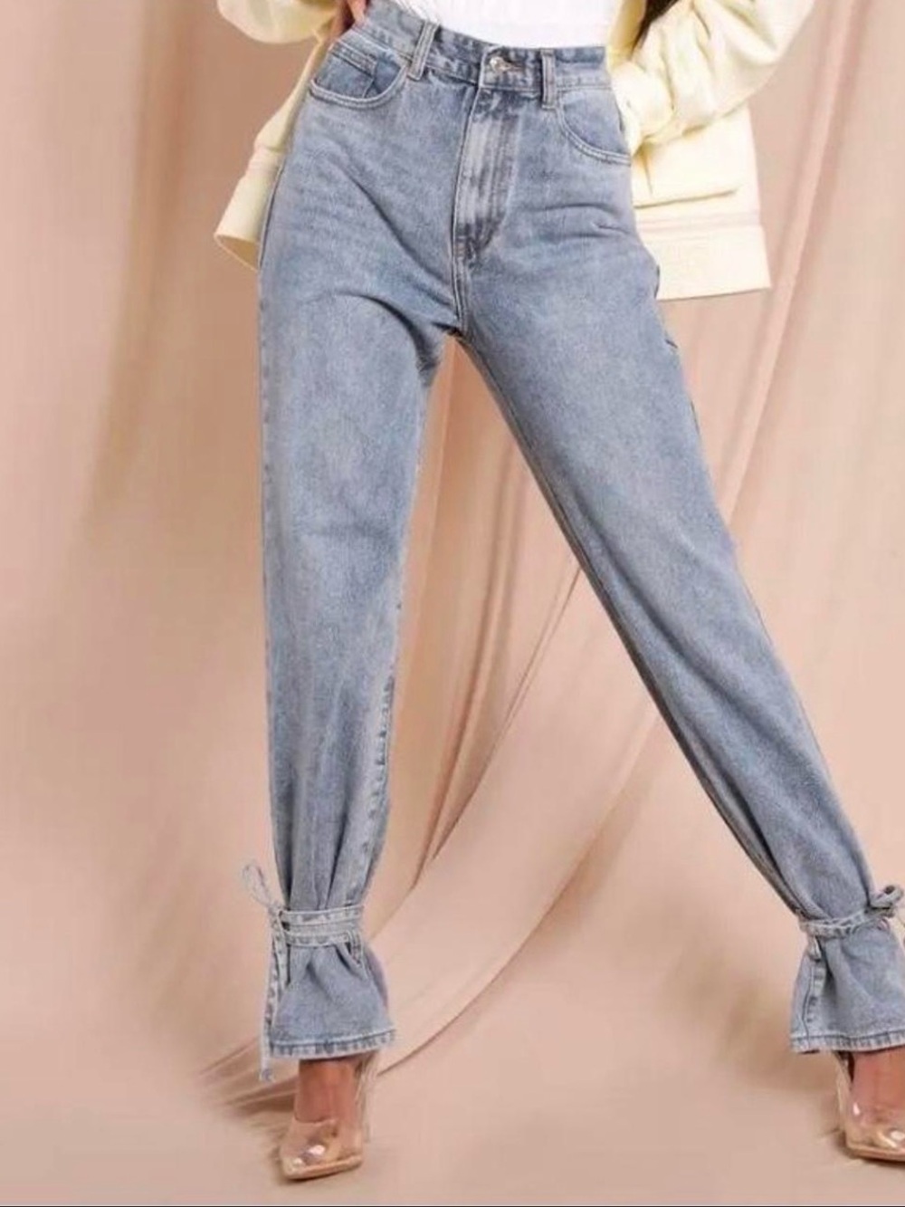 MissPap Tie-Cuff Straight Leg Jeans in Light Blue Denim High Rise Size 6